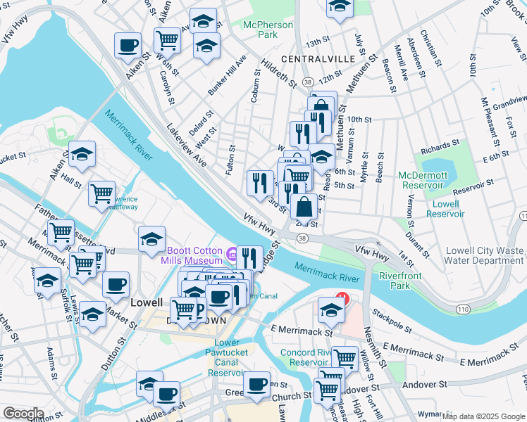 map of restaurants, bars, coffee shops, grocery stores, and more near 62 Lakeview Avenue in Lowell