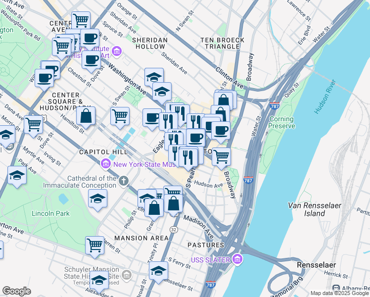 map of restaurants, bars, coffee shops, grocery stores, and more near 55 Lodge Street in Albany