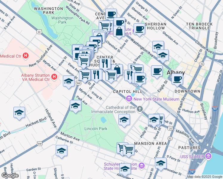 map of restaurants, bars, coffee shops, grocery stores, and more near in Albany