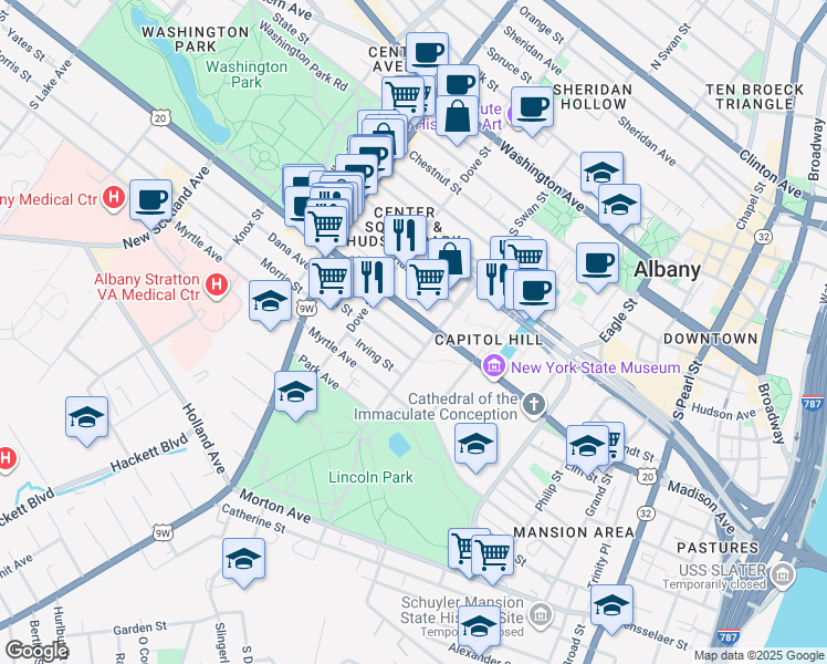 map of restaurants, bars, coffee shops, grocery stores, and more near in Albany