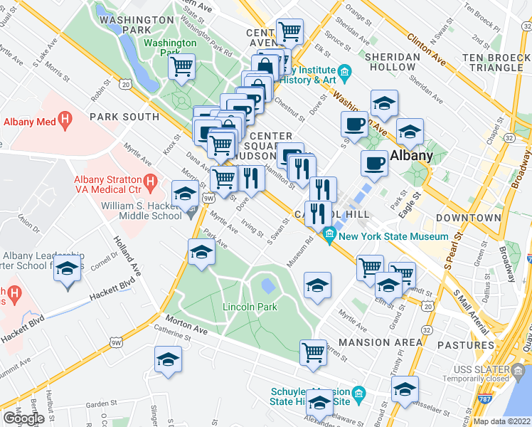 map of restaurants, bars, coffee shops, grocery stores, and more near 208 Elm Street in Albany