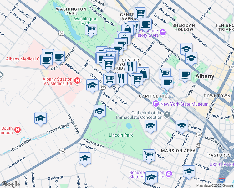 map of restaurants, bars, coffee shops, grocery stores, and more near 146 Dove Street in Albany