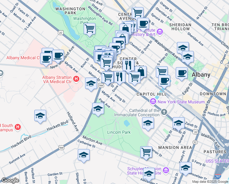 map of restaurants, bars, coffee shops, grocery stores, and more near 146 Dove Street in Albany