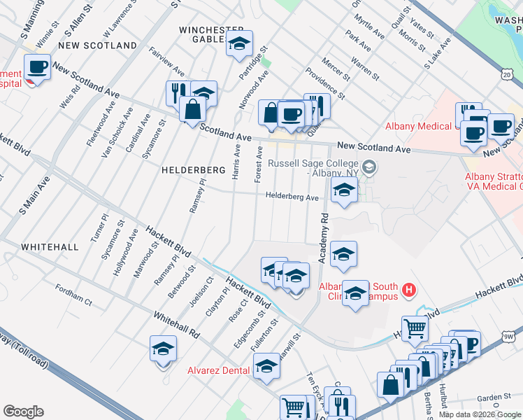 map of restaurants, bars, coffee shops, grocery stores, and more near 72 Forest Avenue in Albany