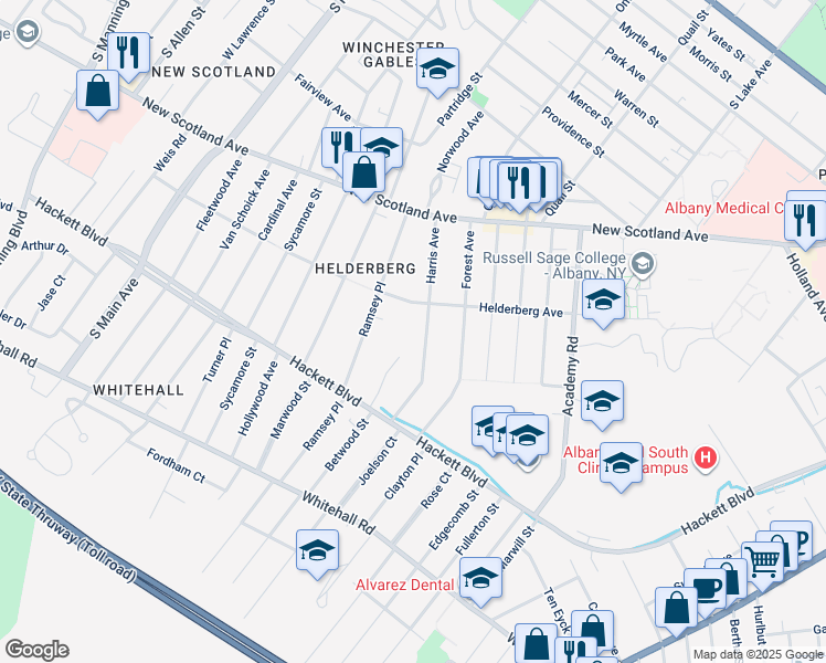 map of restaurants, bars, coffee shops, grocery stores, and more near 58 Harris Avenue in Albany