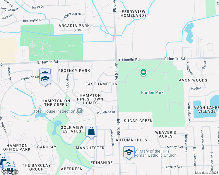 map of restaurants, bars, coffee shops, grocery stores, and more near 933 Norcross Drive in Rochester Hills