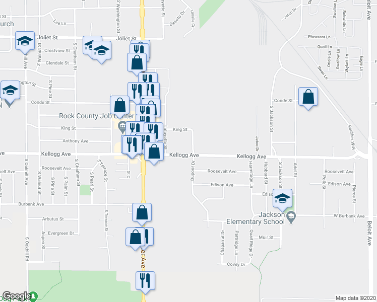 map of restaurants, bars, coffee shops, grocery stores, and more near 820 Kellogg Avenue in Janesville