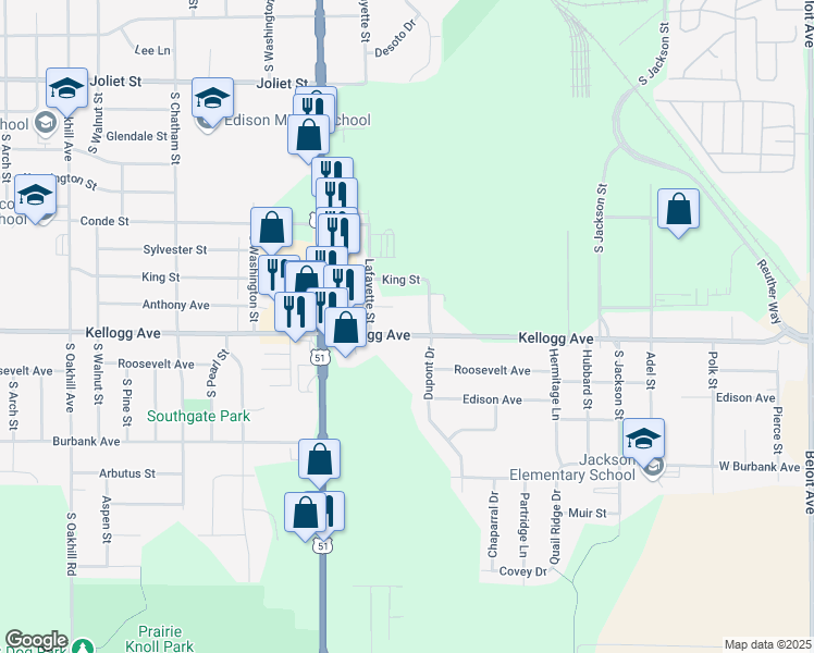 map of restaurants, bars, coffee shops, grocery stores, and more near 820 Kellogg Avenue in Janesville
