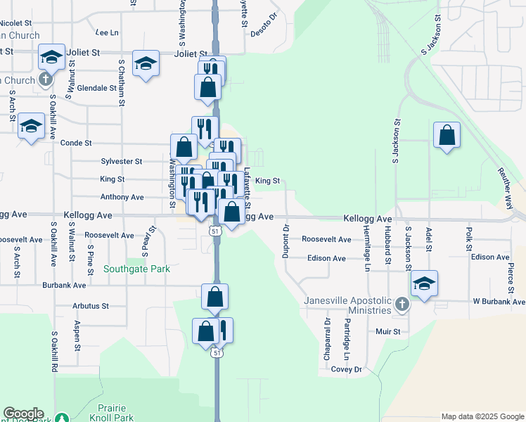 map of restaurants, bars, coffee shops, grocery stores, and more near 820 Kellogg Avenue in Janesville