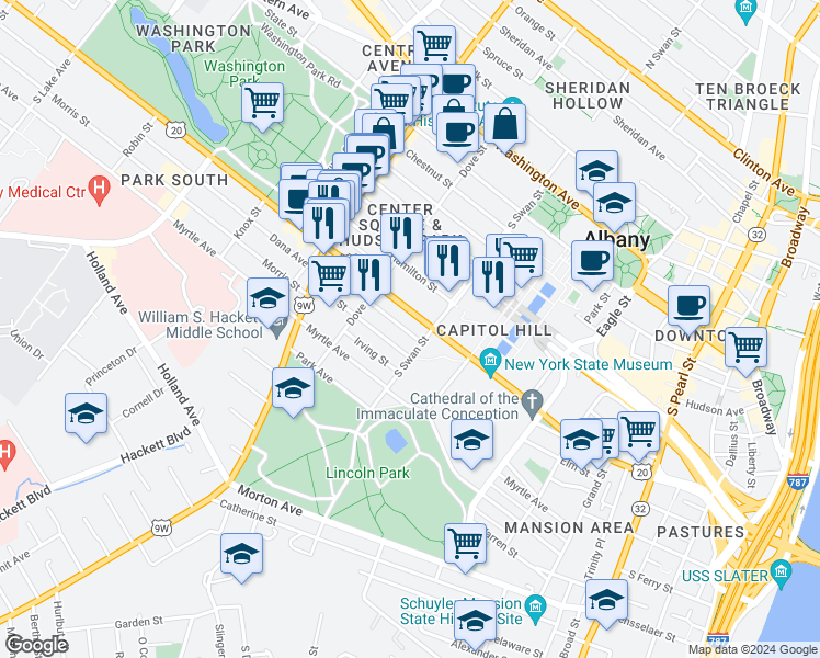 map of restaurants, bars, coffee shops, grocery stores, and more near 133 Jefferson Street in Albany