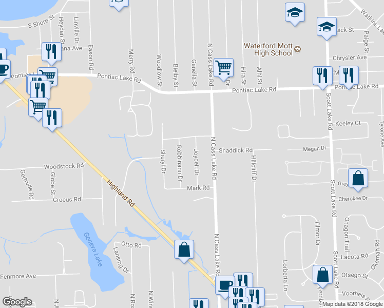 map of restaurants, bars, coffee shops, grocery stores, and more near 747 Joyceil Drive in Waterford Township