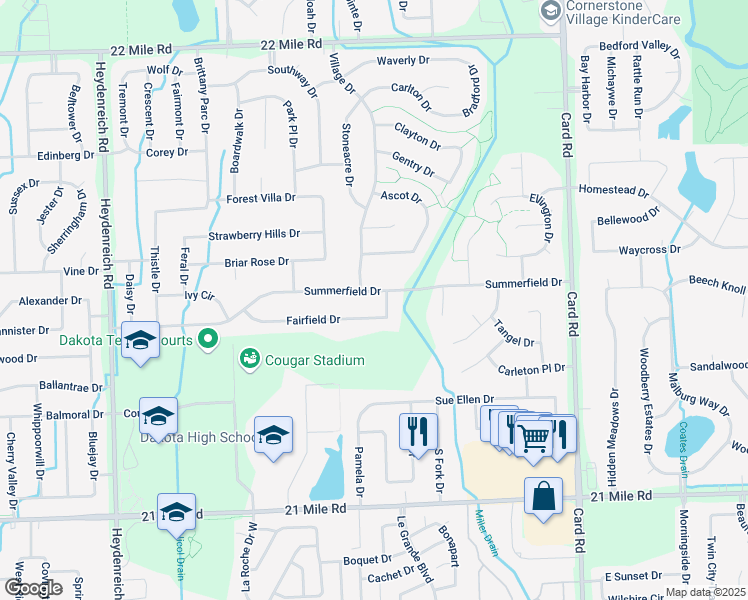 map of restaurants, bars, coffee shops, grocery stores, and more near 21373 Fairfield Drive in Macomb