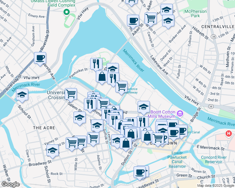 map of restaurants, bars, coffee shops, grocery stores, and more near 600 Suffolk Street in Lowell