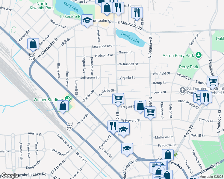 map of restaurants, bars, coffee shops, grocery stores, and more near 14 Harriett Street in Pontiac