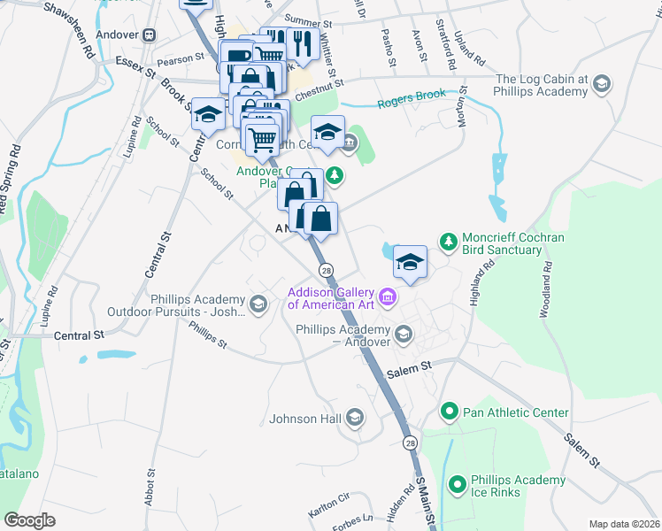 map of restaurants, bars, coffee shops, grocery stores, and more near 157 Main Street in Andover