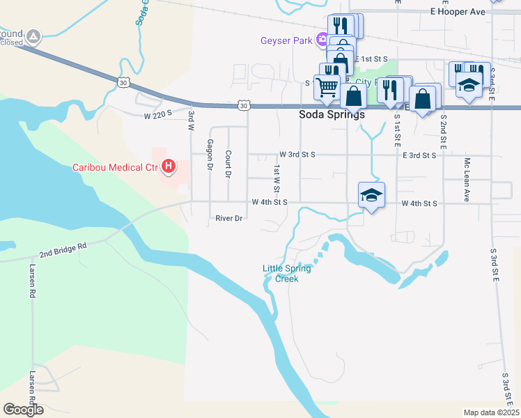map of restaurants, bars, coffee shops, grocery stores, and more near 175 Spring View in Soda Springs