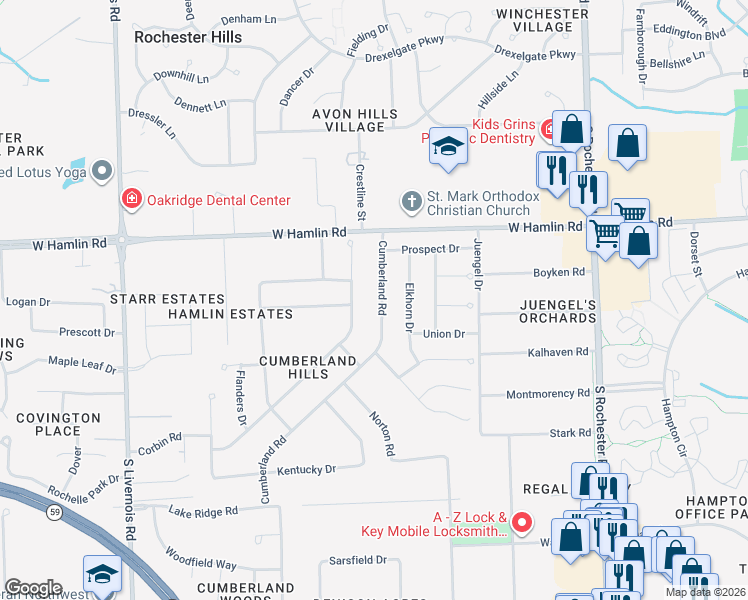 map of restaurants, bars, coffee shops, grocery stores, and more near 2118 Cumberland Road in Rochester Hills