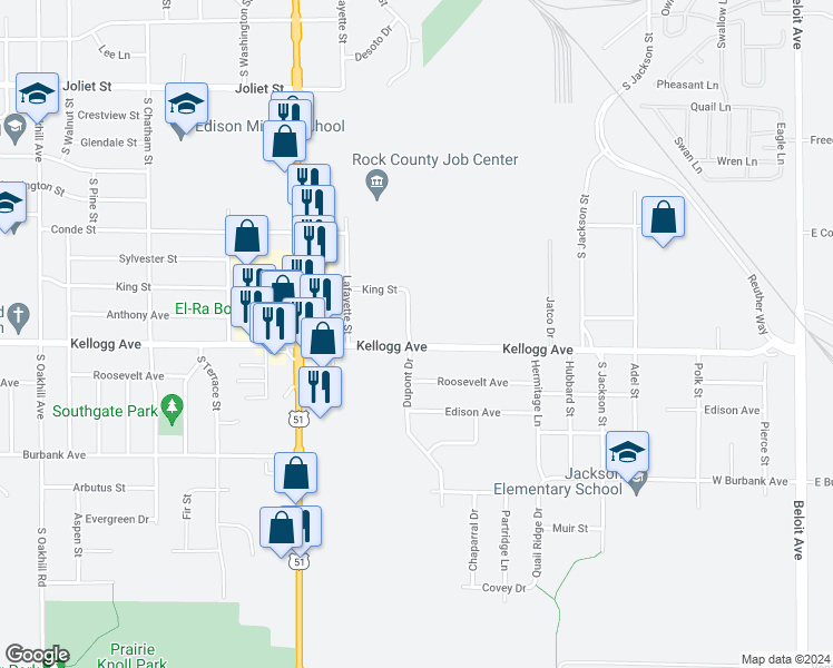 map of restaurants, bars, coffee shops, grocery stores, and more near 1931 Dupont Drive in Janesville