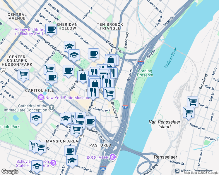 map of restaurants, bars, coffee shops, grocery stores, and more near 488 Broadway in Albany