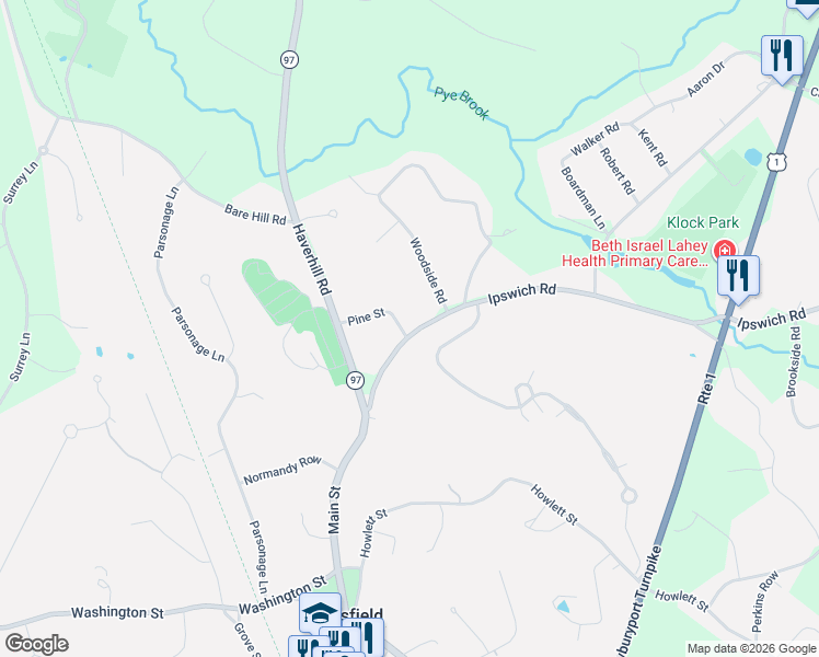 map of restaurants, bars, coffee shops, grocery stores, and more near 16 Ipswich Road in Topsfield
