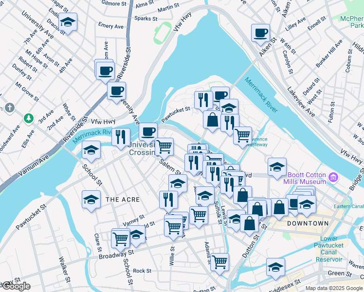 map of restaurants, bars, coffee shops, grocery stores, and more near 749 Merrimack Street in Lowell