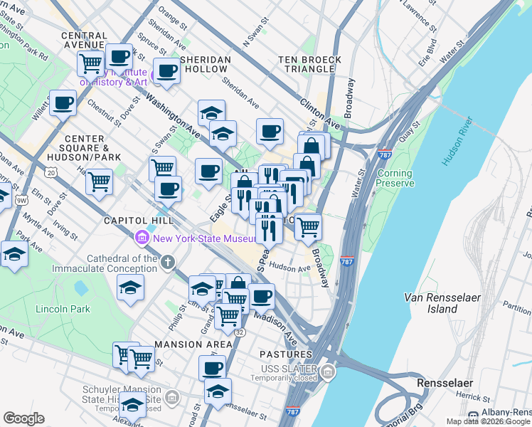 map of restaurants, bars, coffee shops, grocery stores, and more near in Albany