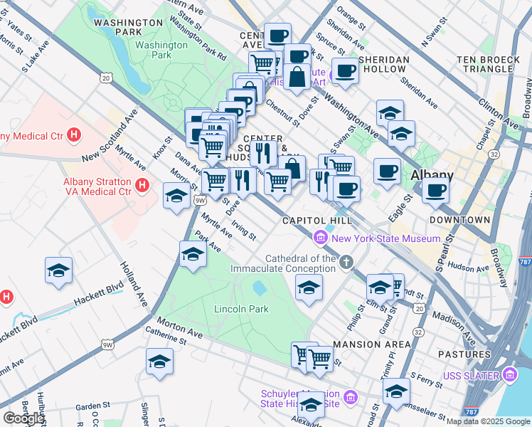 map of restaurants, bars, coffee shops, grocery stores, and more near in Albany