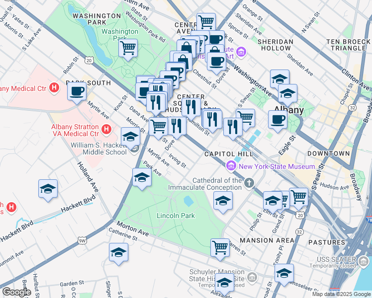 map of restaurants, bars, coffee shops, grocery stores, and more near 208 Elm Street in Albany