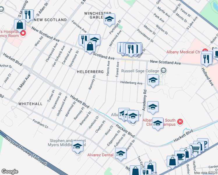 map of restaurants, bars, coffee shops, grocery stores, and more near 58 Harris Avenue in Albany