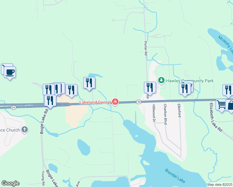 map of restaurants, bars, coffee shops, grocery stores, and more near 958 Village Drive in White Lake charter Township