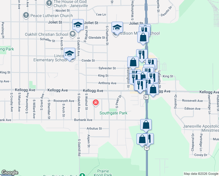 map of restaurants, bars, coffee shops, grocery stores, and more near 2004 South Chatham Street in Janesville