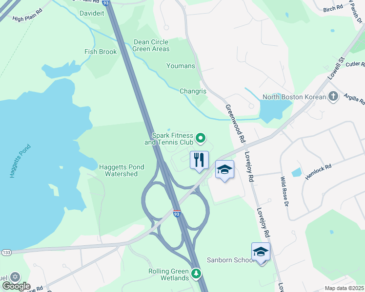 map of restaurants, bars, coffee shops, grocery stores, and more near 50 Woodview Way in Andover