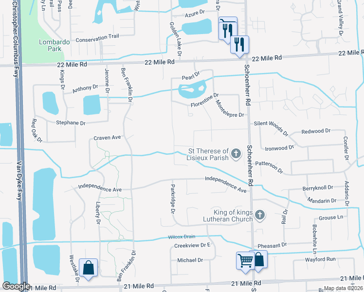 map of restaurants, bars, coffee shops, grocery stores, and more near Woodsboro Way in Macomb County