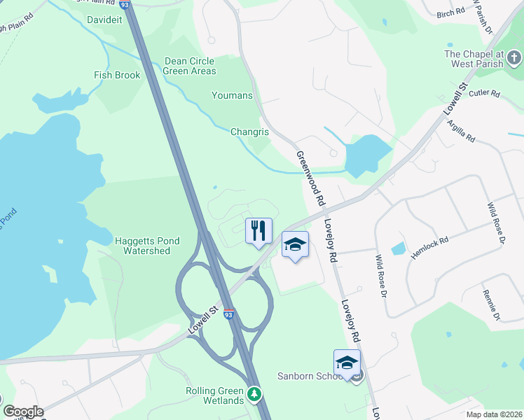 map of restaurants, bars, coffee shops, grocery stores, and more near 307 Lowell Street in Andover