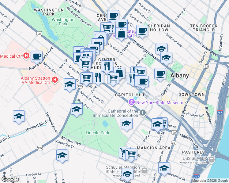 map of restaurants, bars, coffee shops, grocery stores, and more near 320 Madison Avenue in Albany