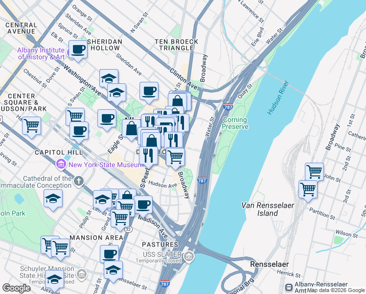 map of restaurants, bars, coffee shops, grocery stores, and more near Maiden Lane in Albany