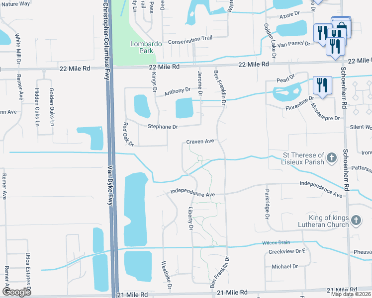 map of restaurants, bars, coffee shops, grocery stores, and more near 48086 Liberty Drive in Macomb County