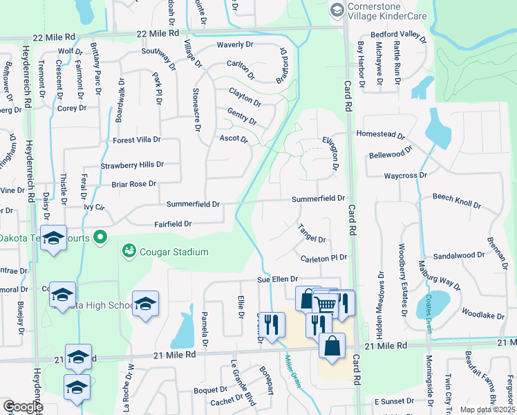 map of restaurants, bars, coffee shops, grocery stores, and more near 47885 Lavender Court in Macomb