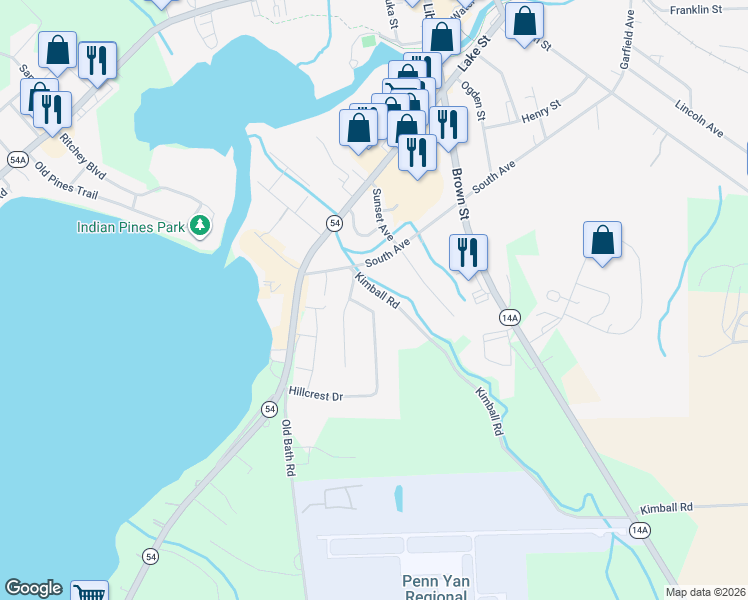 map of restaurants, bars, coffee shops, grocery stores, and more near 8 Hillcrest Drive in Penn Yan
