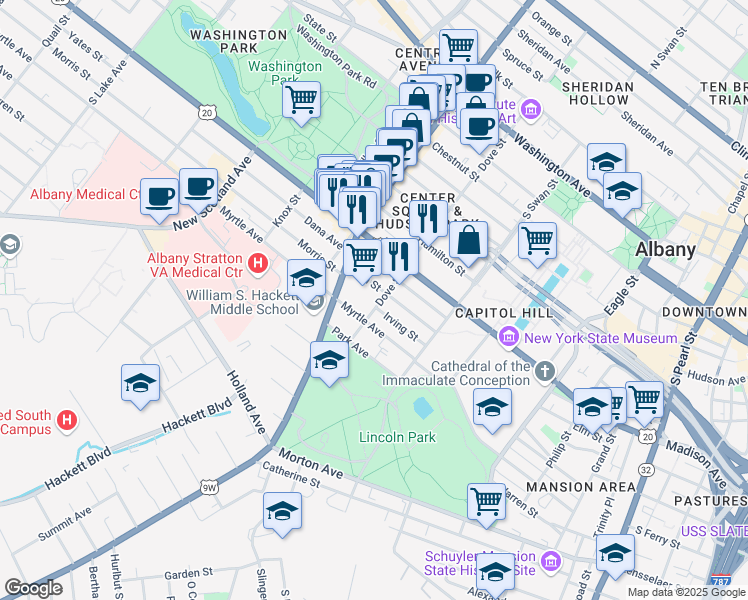 map of restaurants, bars, coffee shops, grocery stores, and more near 146 Dove Street in Albany