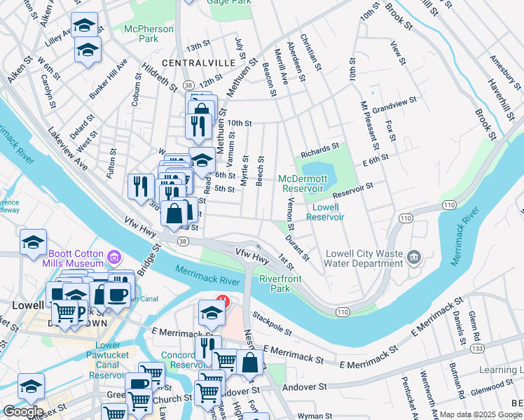 map of restaurants, bars, coffee shops, grocery stores, and more near 13 Durant Street in Lowell
