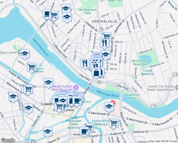 map of restaurants, bars, coffee shops, grocery stores, and more near 62 Lakeview Avenue in Lowell