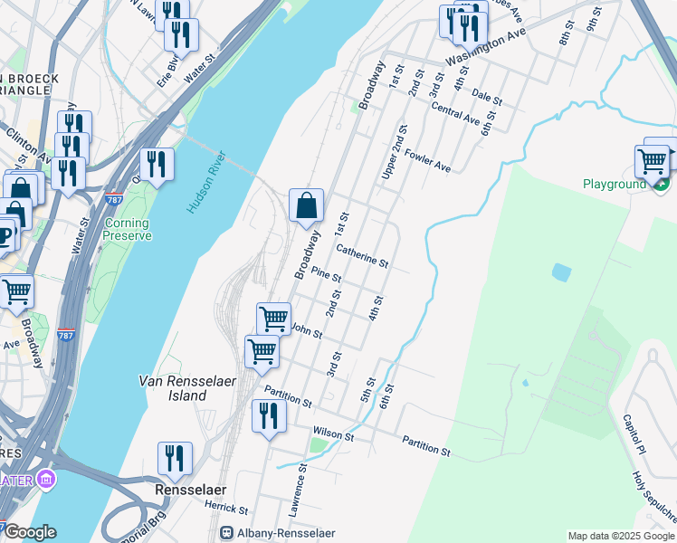 map of restaurants, bars, coffee shops, grocery stores, and more near 1128 2nd Street in Rensselaer