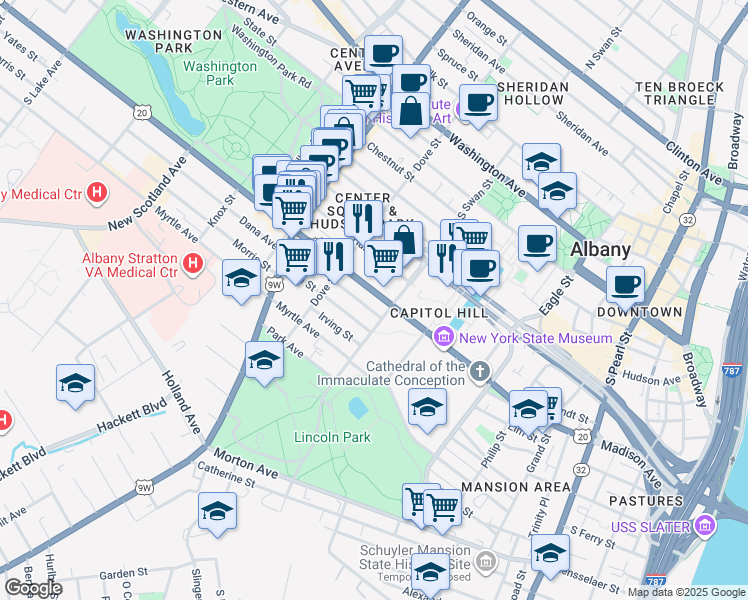 map of restaurants, bars, coffee shops, grocery stores, and more near in Albany
