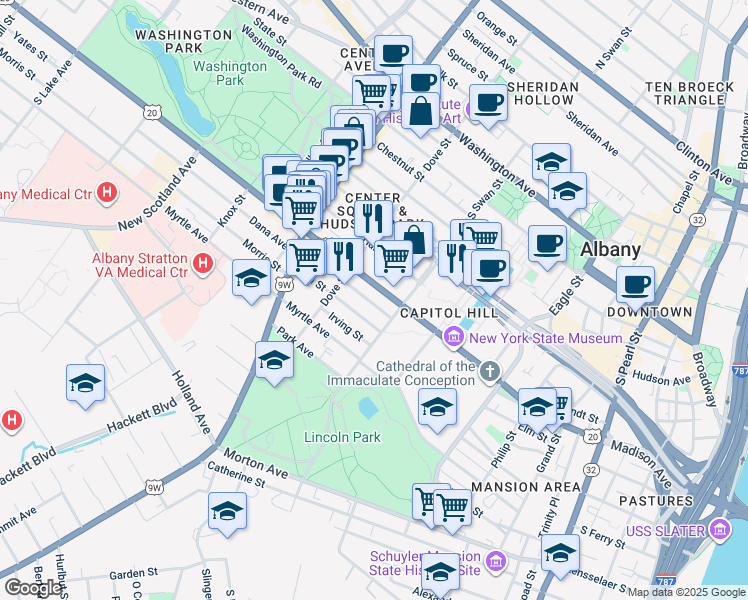 map of restaurants, bars, coffee shops, grocery stores, and more near in Albany