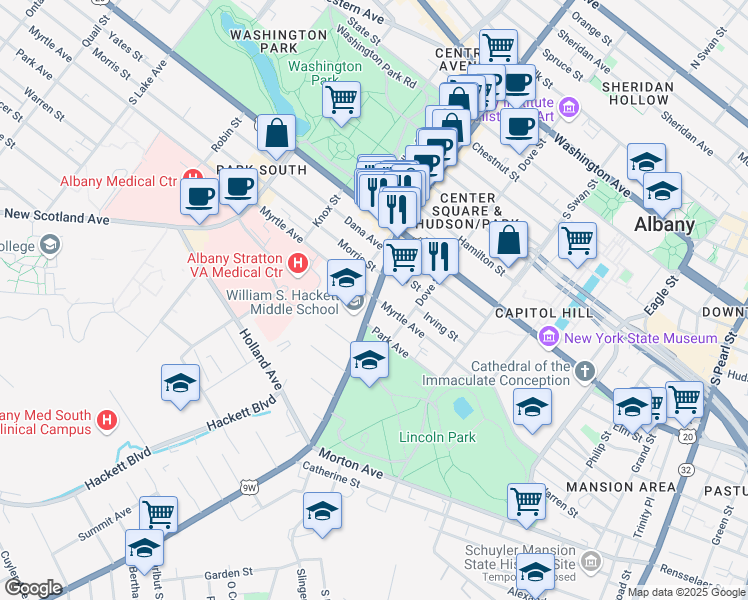map of restaurants, bars, coffee shops, grocery stores, and more near 56 Delaware Avenue in Albany