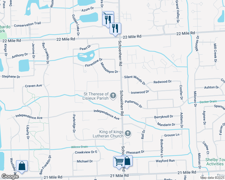 map of restaurants, bars, coffee shops, grocery stores, and more near 48115 Schoenherr Road in Shelby charter Township