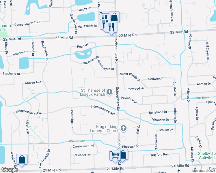 map of restaurants, bars, coffee shops, grocery stores, and more near 48115 Schoenherr Road in Shelby charter Township