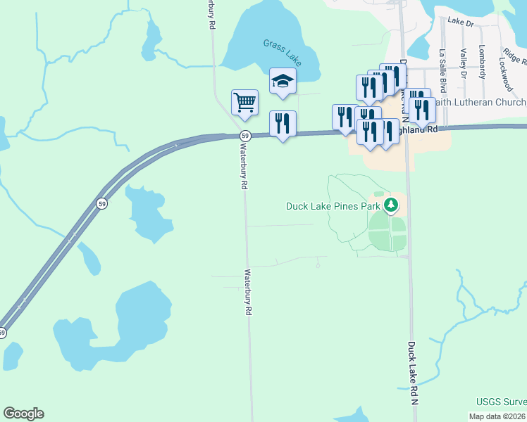 map of restaurants, bars, coffee shops, grocery stores, and more near 1136 Waterbury Road in Highland Charter Township