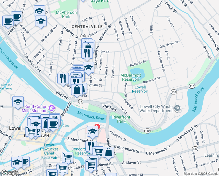 map of restaurants, bars, coffee shops, grocery stores, and more near 140 1st Street in Lowell